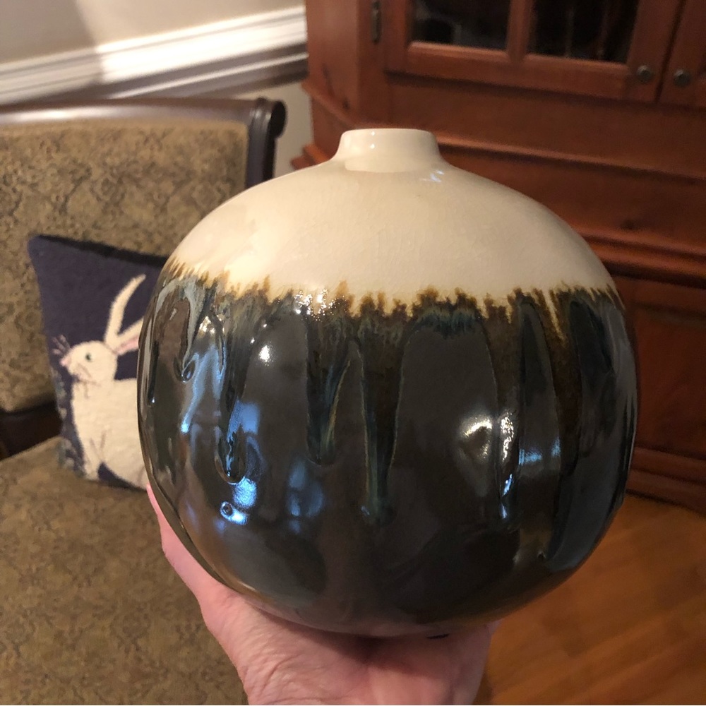 New Crate&Barrel Ceramic Round Orb Bubble Vase with Crackle and Drip Glaze
